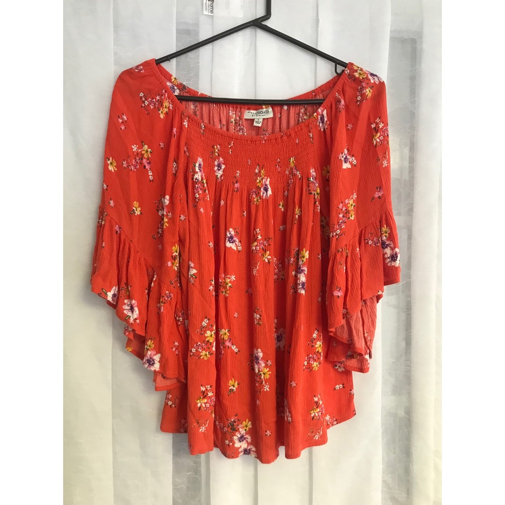 Studio B‎ by Bobeau Red Floral Smocked Off Shoulder Bell Sleeve Blouse Small